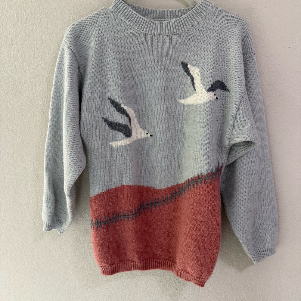 Vintage White Stag Seagull Landscape Knit Sweater Size S/M